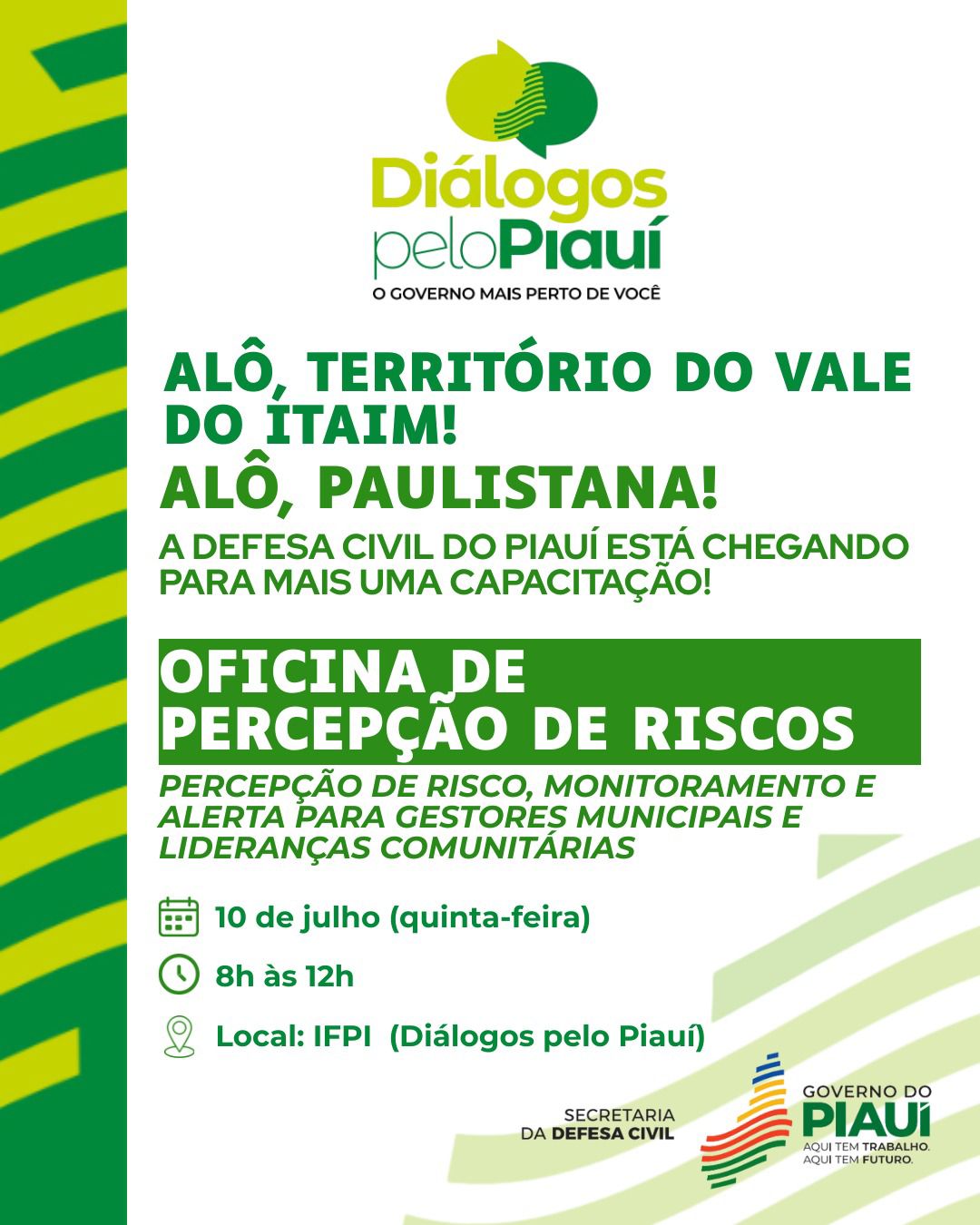 Defesa Civil promoverá oficina de capacitação em gestão de riscos no “Diálogos pelo Piauí” em Paulistana