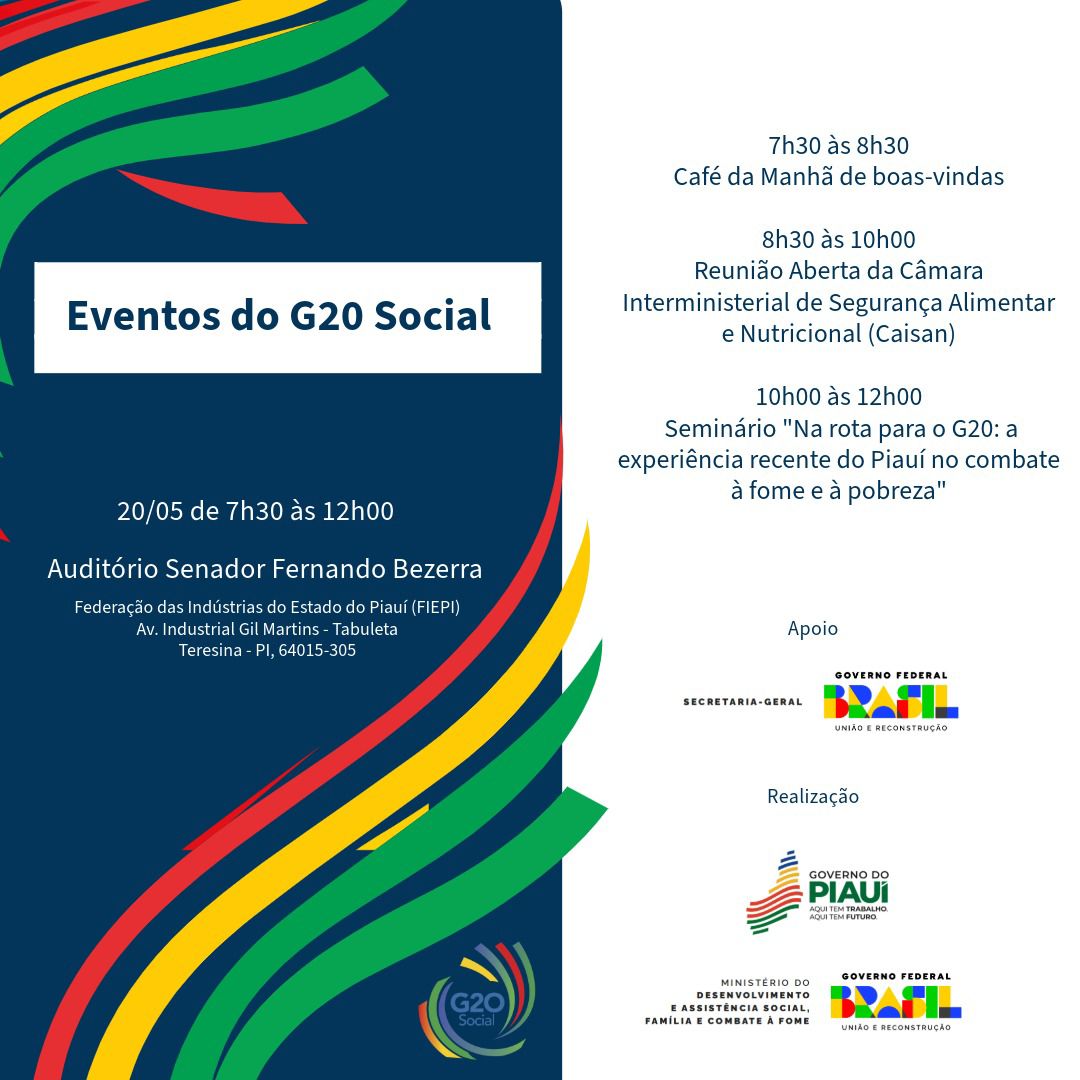 Eventos do G20 Social reúnem especialistas e delegações internacionais no dia 20 deste mês em Teresina